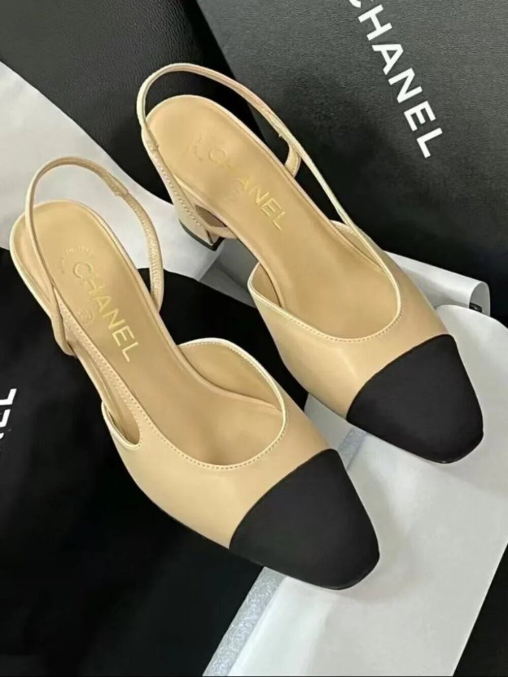 Chanel Two-Tone Slingback Block Heel Pumps Size 38C